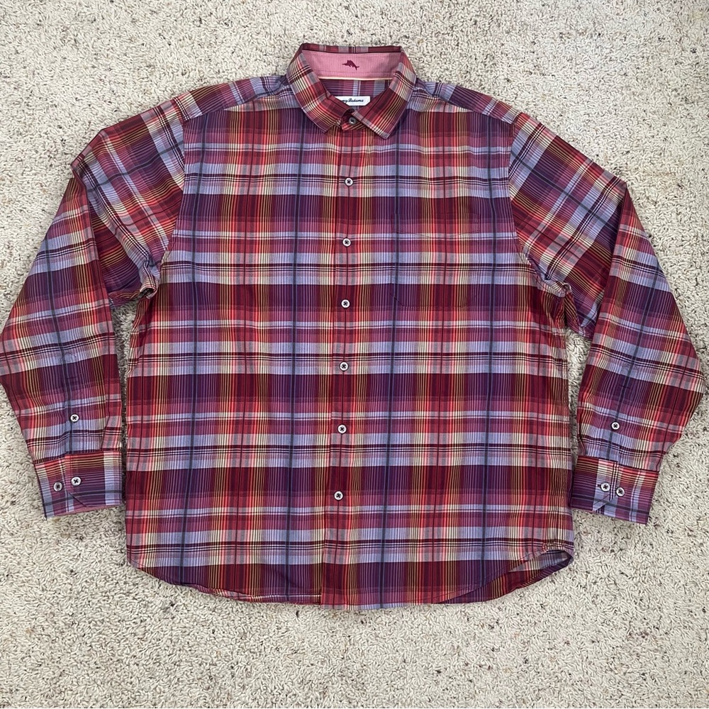 Tommy Bahama Mens Size Large Button Up Shirt Long Sleeve Blue Red Orange Plaid